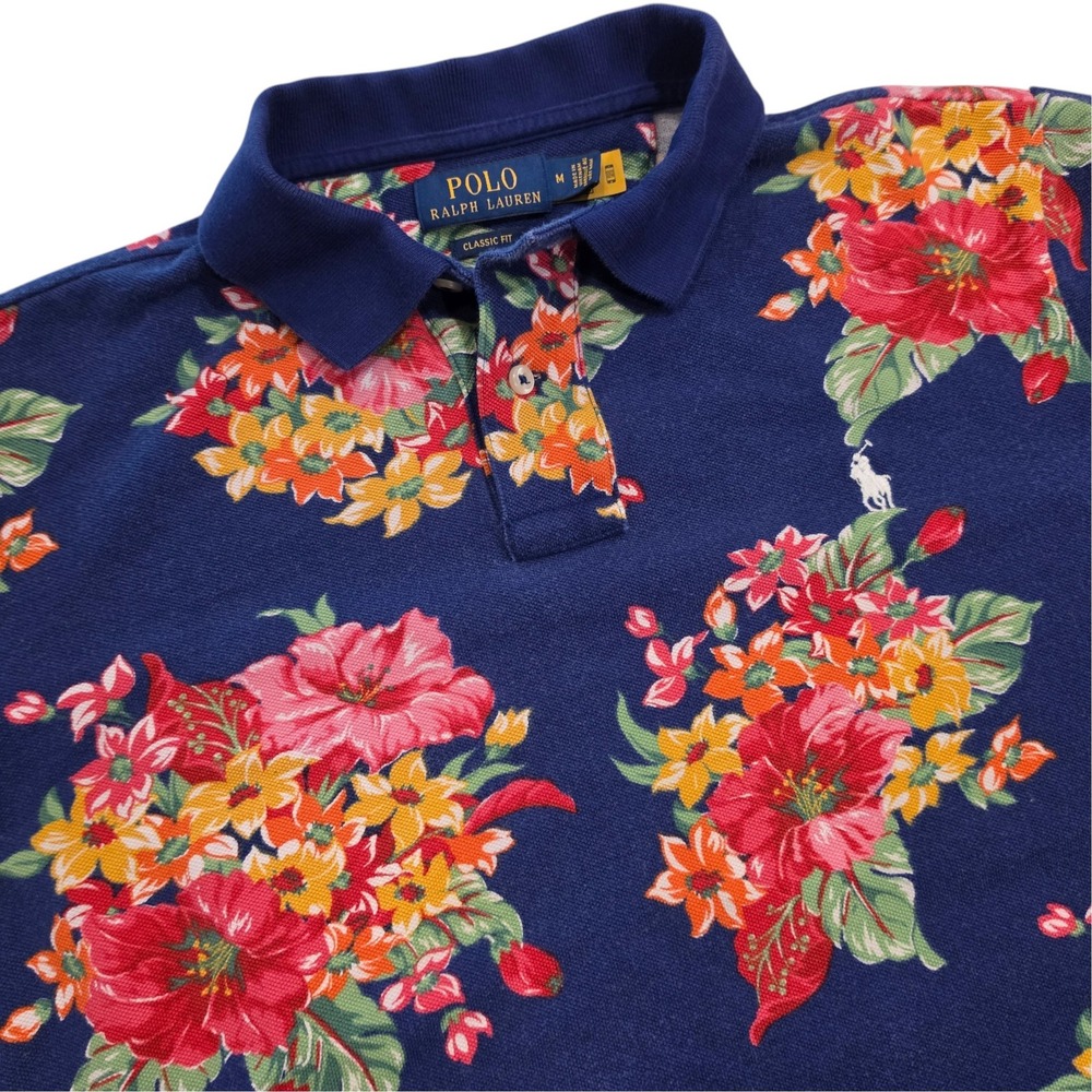 Polo Ralph Lauren Mens Polo Shirt Navy Blue Floral Tropical Print Medium